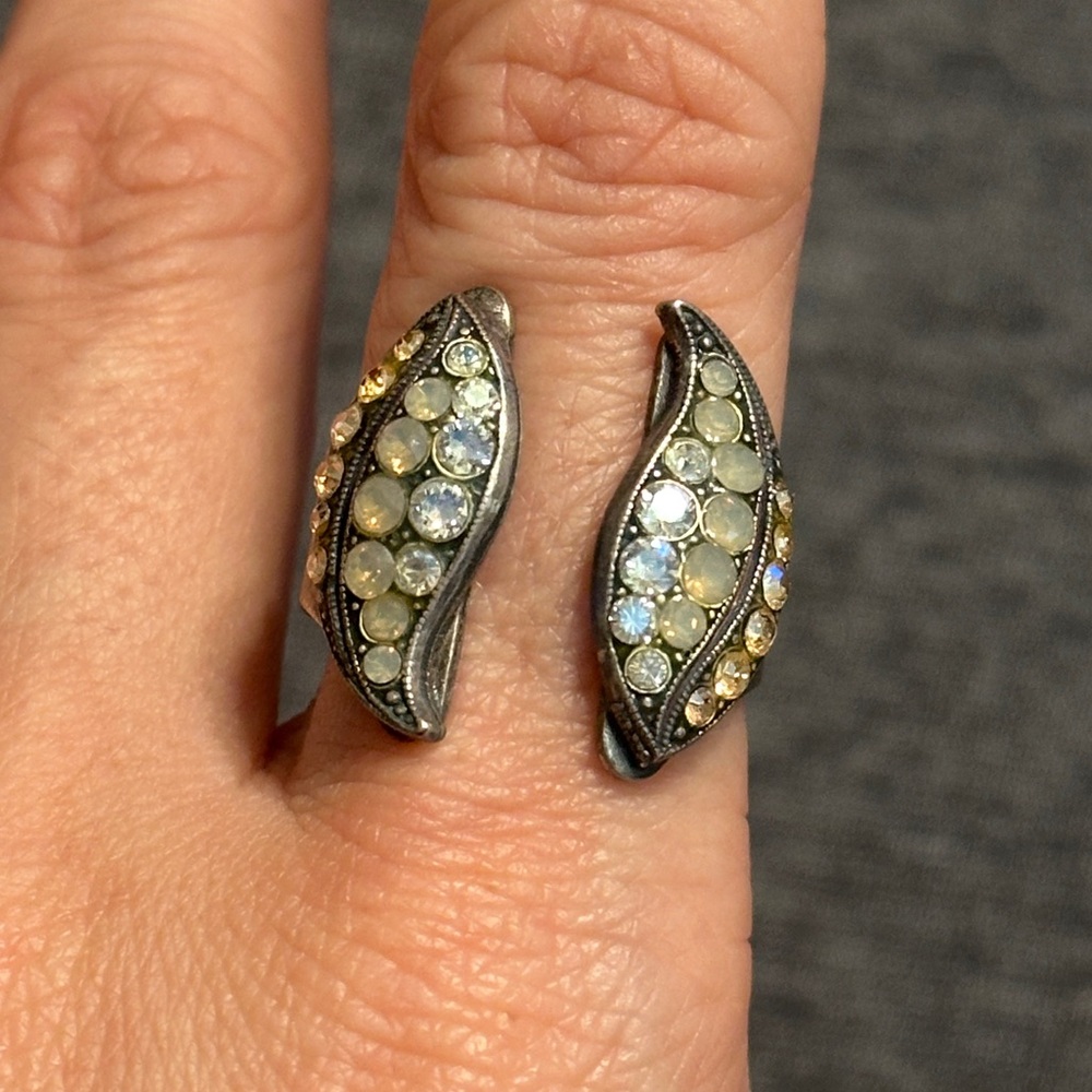 Silver-Tone Opalescent Pavé Crystal Leaf Ring, OS - Picture 1 of 6